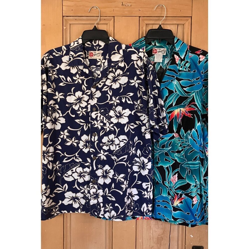 Hilo Hattie Mens Vintage Y2K (2) SET Hawaiian Floral Shirts Sz Large Blue SP EXC - Picture 2 of 12